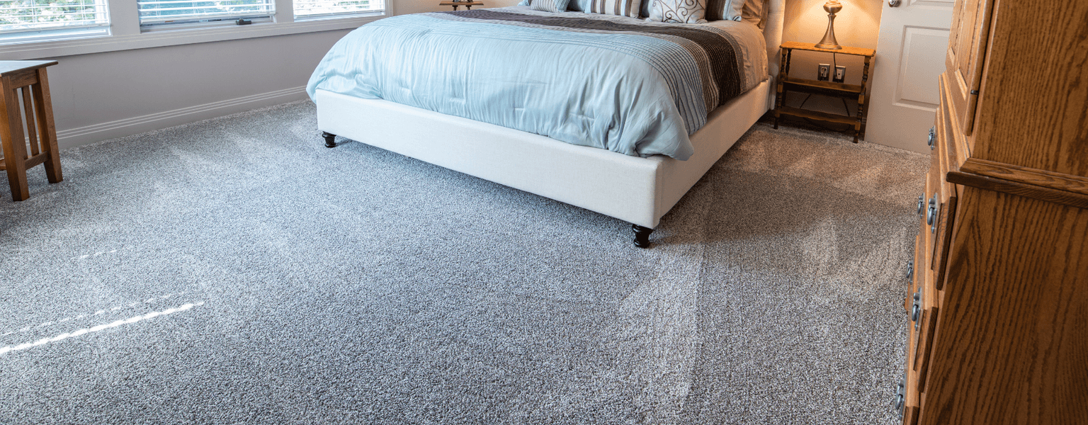 Freshly cleaned gray carpet with visible cleaning passes in a Sugar Land, TX bedroom