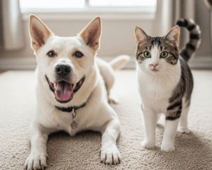 Happy Dog and Cat on Carpet