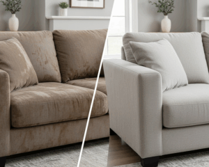 Before and after professional upholstery cleaning showing restored brightness and freshness