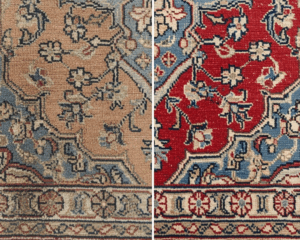 Before and after rug cleaning comparison showing restored color and cleanliness
