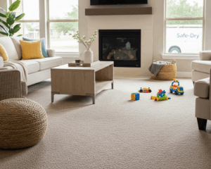 Clean beige carpet in a bright Sugar Land living room after professional carpet cleaning