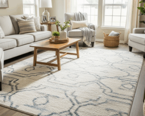 Clean patterned area rug in a bright Sugar Land living room after professional rug cleaning