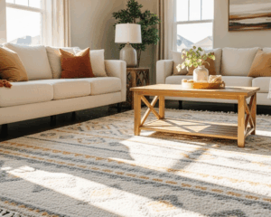 Clean patterned area rug in a bright Sugar Land living room after professional rug cleaning