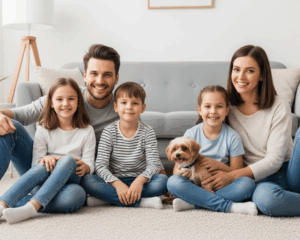 Family and pet enjoying a freshly cleaned carpet after Safe-Dry® carpet cleaning service
