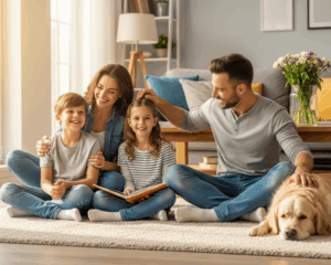 Family enjoying time together with their dog on a freshly cleaned rug after Safe-Dry® rug cleaning service