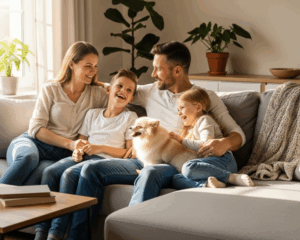 Family relaxing with their pet on a freshly cleaned sofa after upholstery cleaning in Sugar Land, Texas