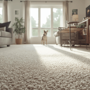 Carpeted living room where dust and allergens can build up below the surface